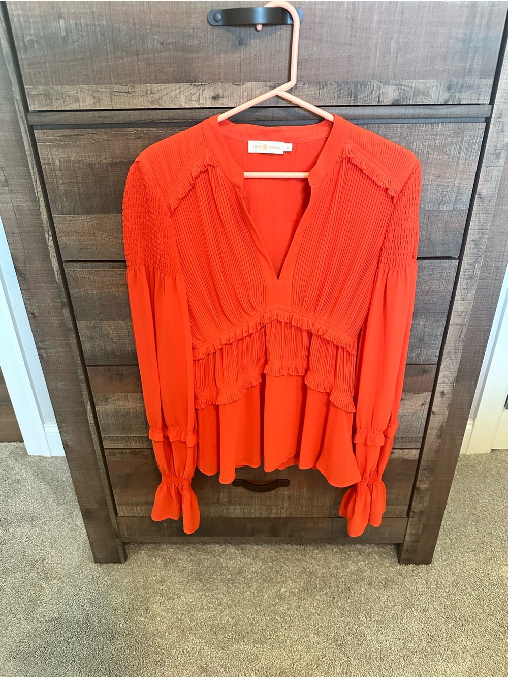 Tory Burch Women's Orange Pleated V-Neck Long-Sleeve Blouse